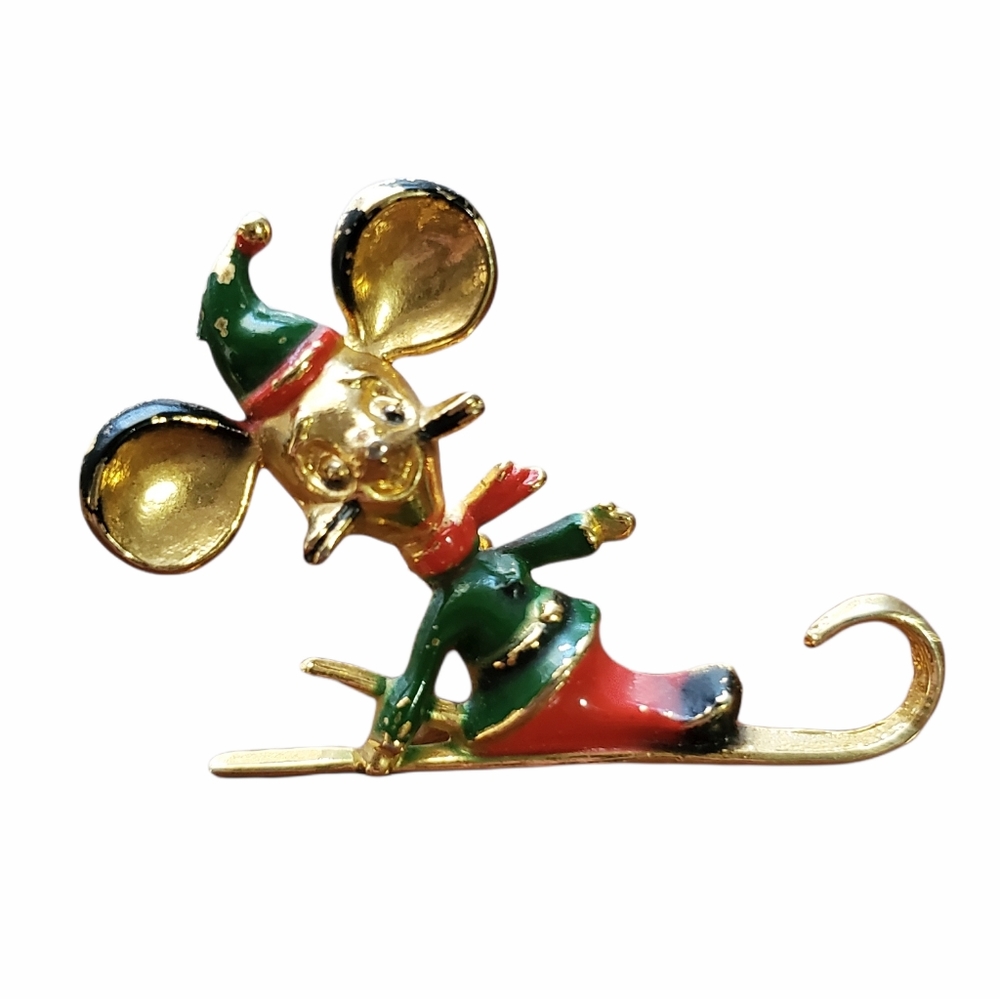 Vintage 1960s Skiing Christmas Mouse Brooch Pin Marked BJ Collectable